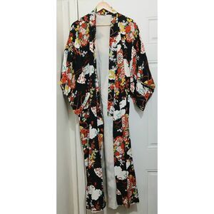 Womens large  long Japanese kimono duster long red yellow floral viscose silk